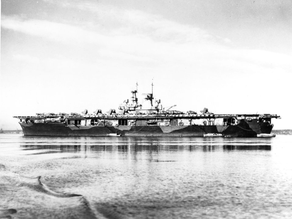 USS Wasp (CV-7) in Casco Bay, Maine (USA), circa early 1942 (NH 91119)
