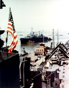 USS Vulcan (AR-5) departs Norfolk on 22 June 1943 photo