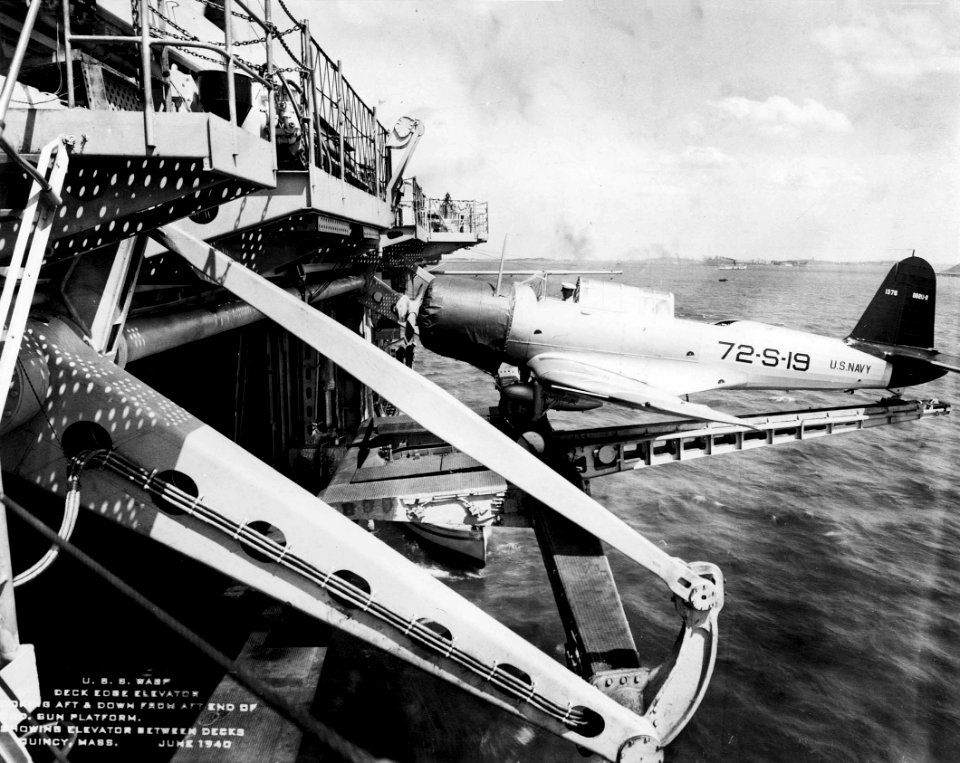 USS Wasp (CV-7) deck edge elevator with SB2U 1940