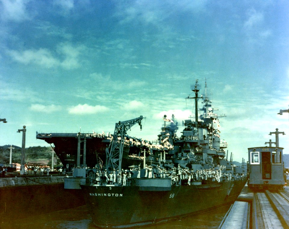 USS Washington (BB-56) and USS Enterprise (CV-6) in the Panama Canal, October 1945