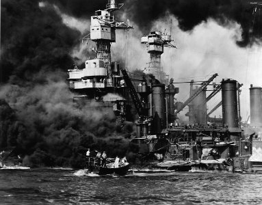 USS West Virgina (BB-48) burning at Pearl Harbor 1941