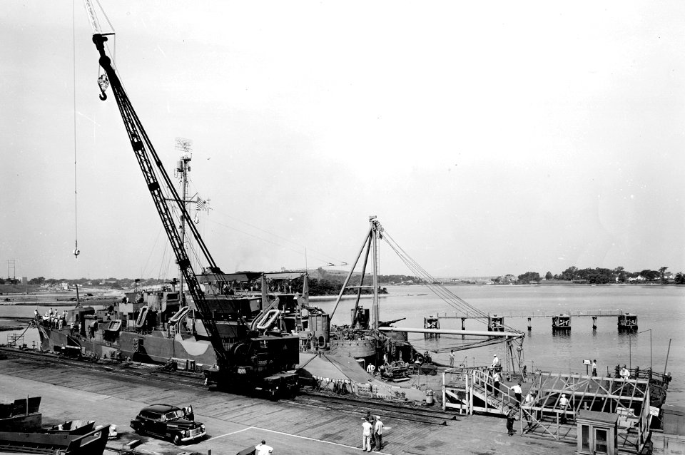 USS Walsh (APD-111) docked at the Bethlehem Hingham Shipyard on 5 July 1945 (BS 85924)