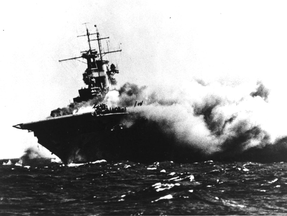 USS Wasp (CV-7) burning on 15 September 1942 (80-G-16331)