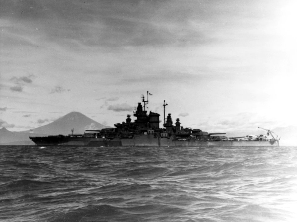 USS West Virginia (BB-48) anchored in Sagami Wan, Japan, August 1945