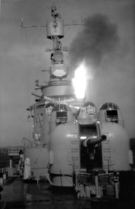 USS Wilkinson (DL-5) fires a RUR-4 Weapon Alpha off Newport, Rhode Island (USA), circa in 1956 (80-G-K-20408)