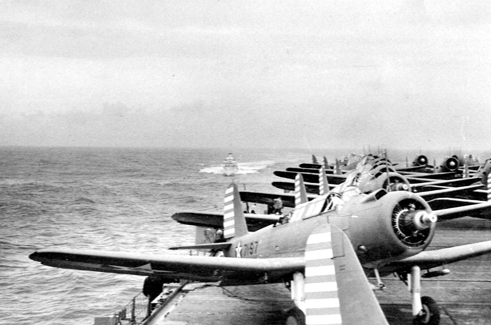 USS Wasp (CV-7) flight deck aft with SB2Us and TBDs 1942