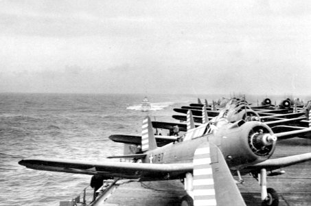 USS Wasp (CV-7) flight deck aft with SB2Us and TBDs 1942