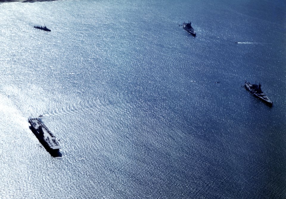 USS Wasp (CV-7), USS North Carolina (BB-55) and USS Washington (BB-56) in at anchor in Casco Bay, Maine (USA), 25 March 1942 (80-G-K-451)