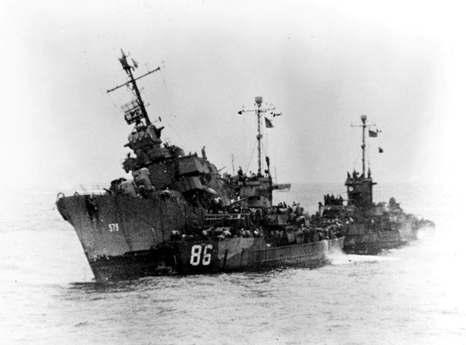 USS William D. Porter (DD-579) sinking after a Kamikaze attack off Okinawa, 10 June 1945 (80-G-490024)