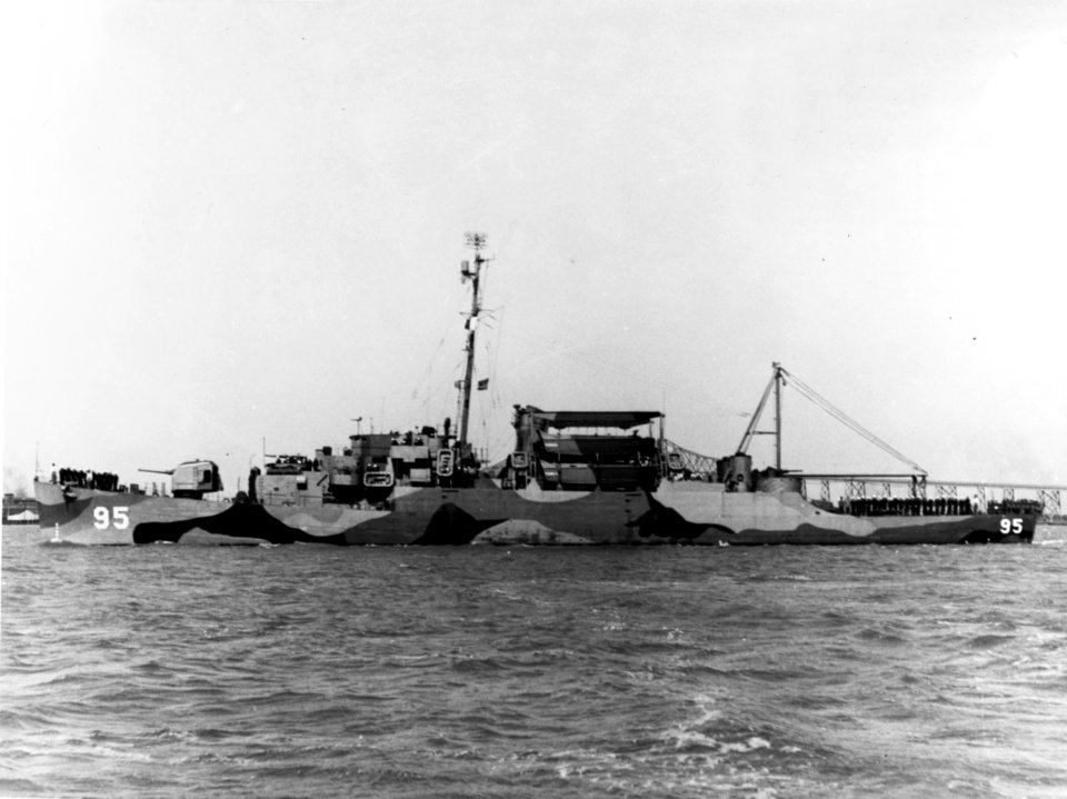 USS William M. Hobby (APD-95) underway off the Charleston Naval Shipyard on 19 April 1945 (NH 91589)