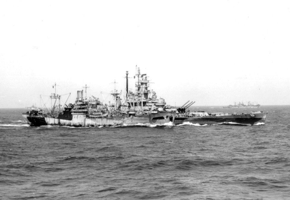 USS Wrangell (AE-12) replenishing USS Massachusetts (BB-59) in 1945