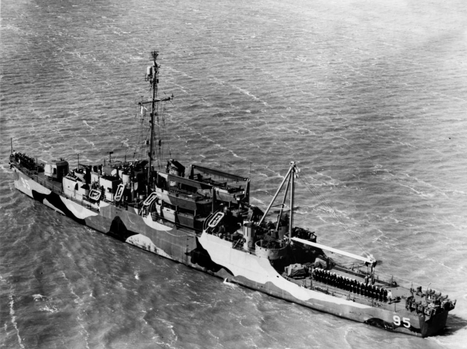 USS William M. Hobby (APD-95) off the Charleston Naval Shipyard on 19 April 1945 (NH 91590)