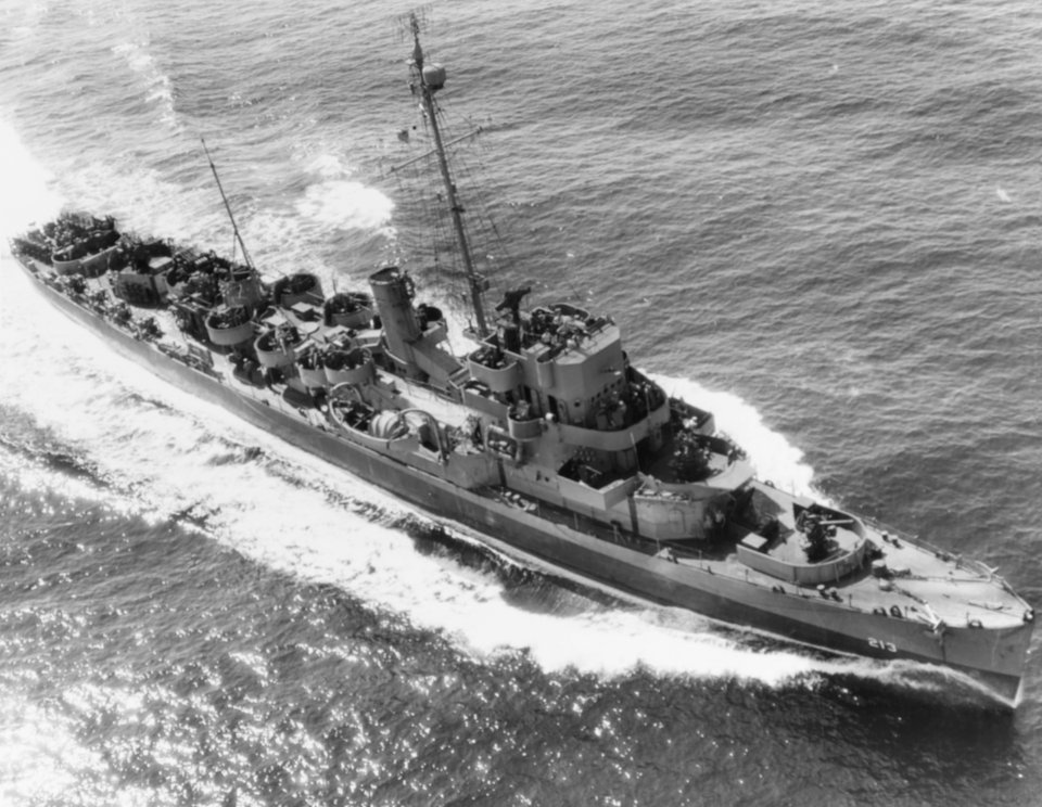 USS William T. Powell (DE-213) underway in the Atlantic Ocean on 9 July 1944 (80-G-239228)