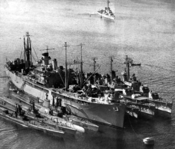 USS Yellowstone (AD-27) at Augusta Bay with submarines and destroyers in 1950 (80-G-428712)