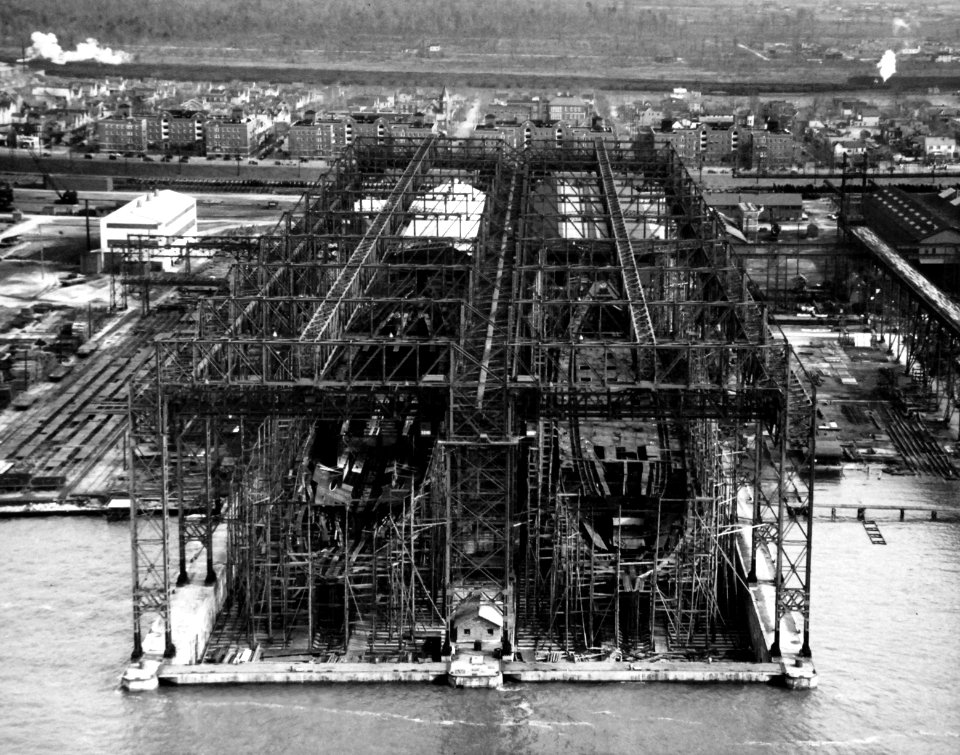USS Yorktown (CV-5) and USS Enterprise (CV-6) under construction at Newport News Shipbuilding, circa in 1936 (19-LC-Box 24)