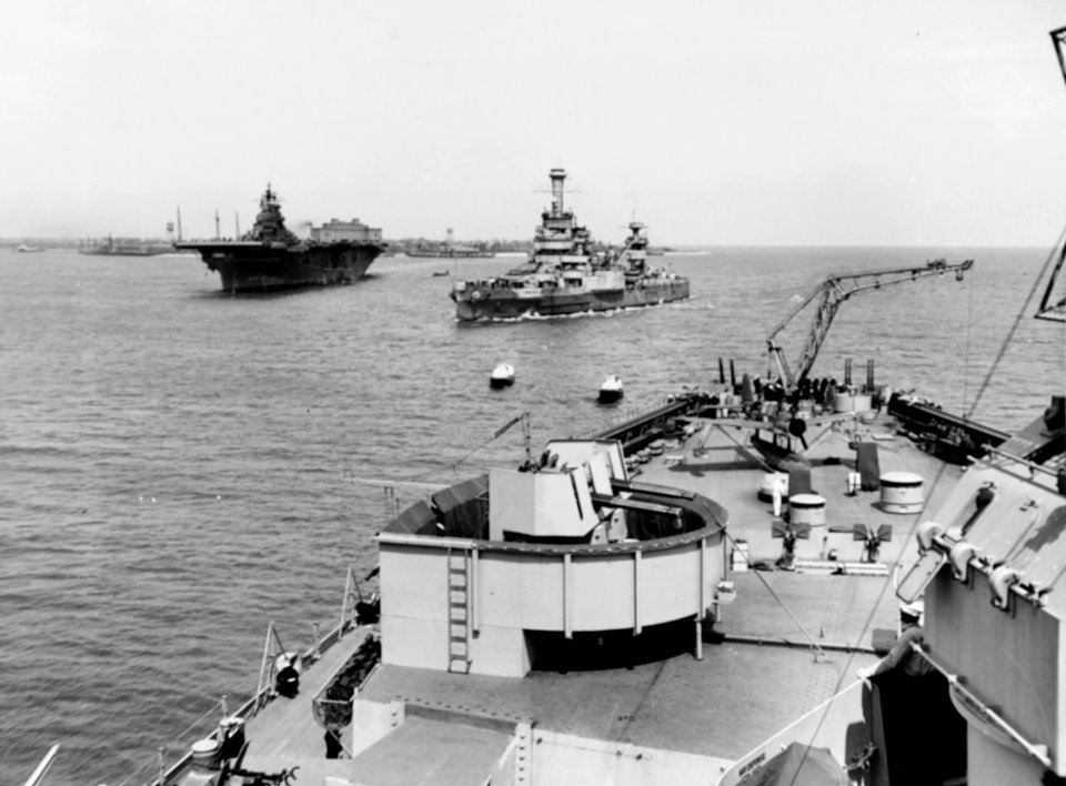 USS Wyoming (AG-17) and USS Lexington (CV-16) in port on 13 May 1943