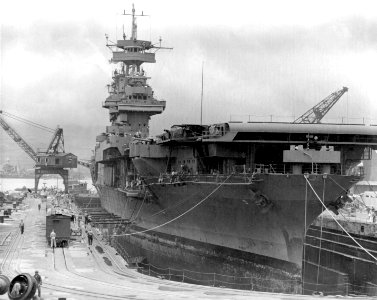 USS Yorktown (CV-5) in a dry dock at the Pearl Harbor Naval Shipyard, 29 May 1942 (80-G-13065)