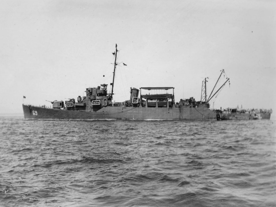 USS Yokes (APD-69) at anchor, circa in 1945