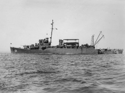 USS Yokes (APD-69) at anchor, circa in 1945