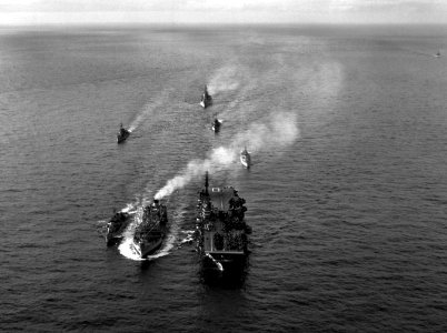 USS Yorktown (CVA-10) and a destroyer being refueled, circa in 1953 (80-G-632007)