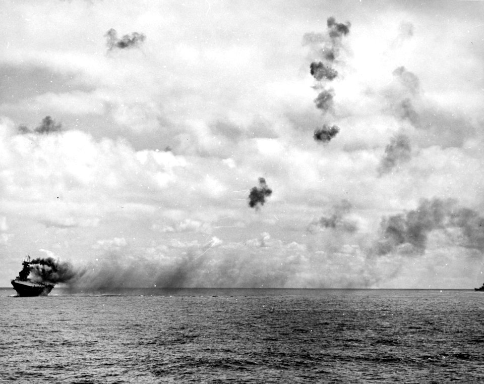 USS Yorktown (CV-5) burning and listing on 4 June 1942