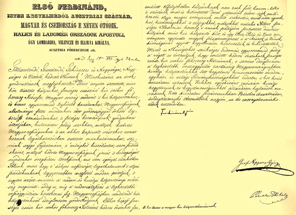 V. Ferdinánd leirata Istán fhcg. helytartói kinevezéséről 1847