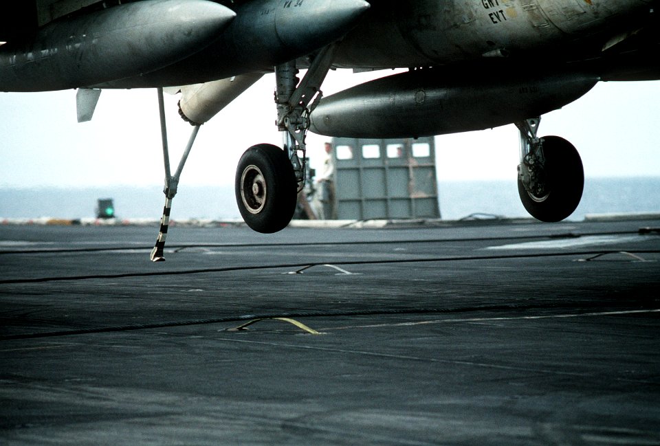 VA-34 KA-6D Intruder tailhook approaching arresting cable on USS Dwight D. Eisenhower (CVN-69) Fleet Ex 1990 DN-ST-90-05264