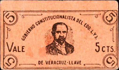 Vale por cinco centavos. Gobierno constitucionalista del Estado Libre y Soberano de Veracruz