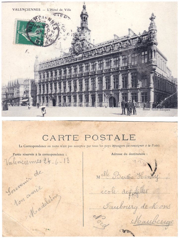 VALENCIENNES Hôtel de Ville, carte postale voyagée 1913