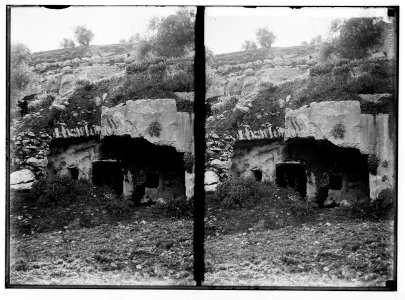 Valleys of Jehoshaphat and Hinnom. A rock-hewn tomb at Akeldama. Ext. (i.e., exterior) & entrance. LOC matpc.02526