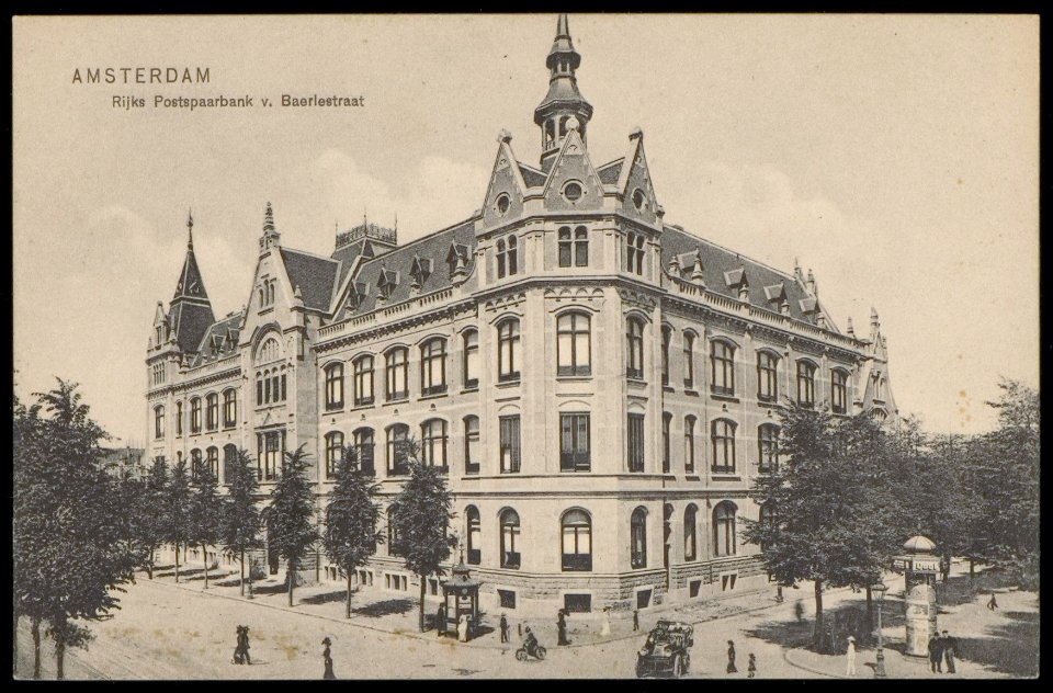 Van Baerlestraat 27 met de Rijkspostspaarbank, rechts de Paulus Potterstraat . Uitgave Dr. Trenkler co. Leipzig, Afb PBKD00045000004 photo