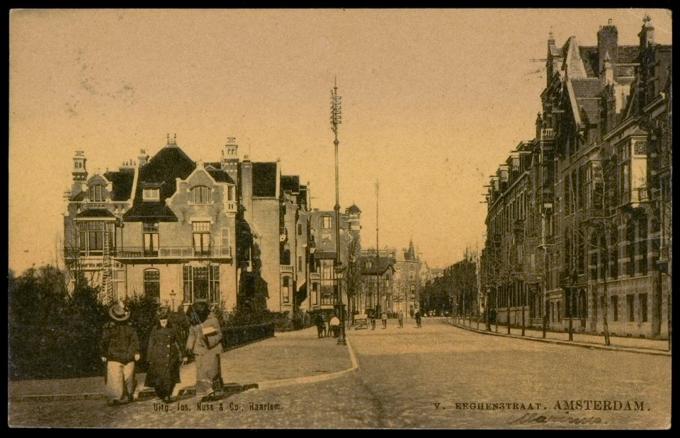 Van Eeghenstraat bij de ingang naar het Vondelpark Uitgave Jos. Nuss & Co. Haarlem, Afb PBKD00049000003