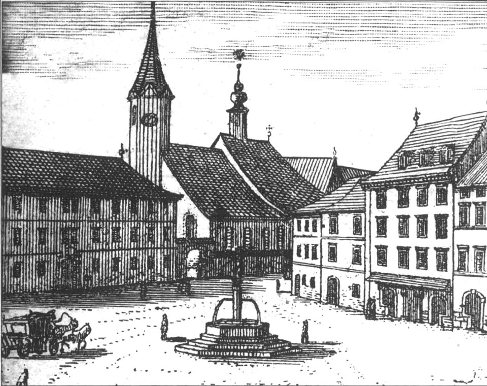 Valvasorjev bakrorez Mestnega trga s stolnico 1689