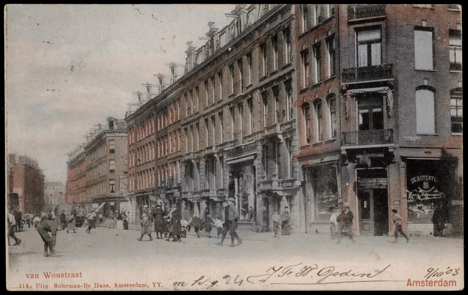 Van Woustraat 65-63 en lager, gezien richting Stadhouderskade. Rechts hoek Tweede Jan van der Heijdenstraat, Afb PRKBB00249000005