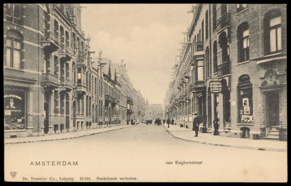 Van Eeghenstraat gezien vanaf de Jacob Obrechtstraat. Uitgave Dr. Trenkler Co. Leipzig, Afb PBKD00049000008