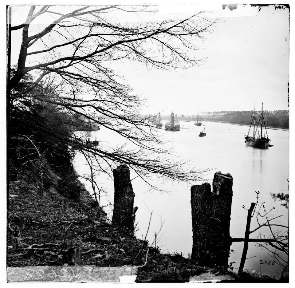 Varina Landing, Virginia (vicinity). View of ships on James River. (Near here Gen. Ord's 18th Army Corps crossed the James) LOC cwpb.02183