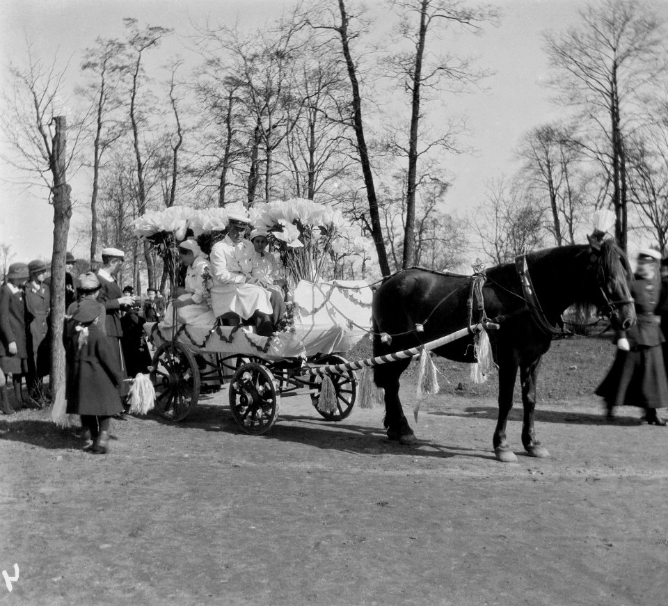 Vappu ( Lastenpäivät 1918 ) . Koristellut hevosajoneuvot - N1864 (hkm.HKMS000005-0000017w)
