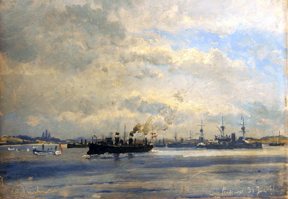 Various warships in squadron at Fefsnaes by Kalunborg by Holger Drachmann-bewerkt