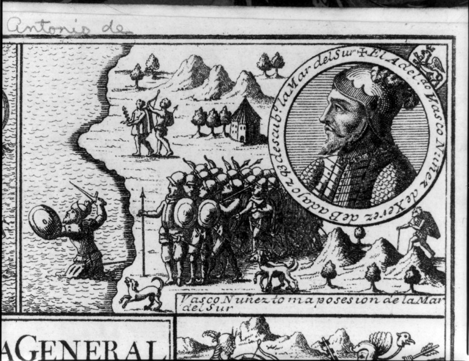 Vasco Nunez de Balboa taking possession of the Pacific Ocean; with inset bust profile LCCN2006691881