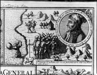 Vasco Nunez de Balboa taking possession of the Pacific Ocean; with inset bust profile LCCN2006691881