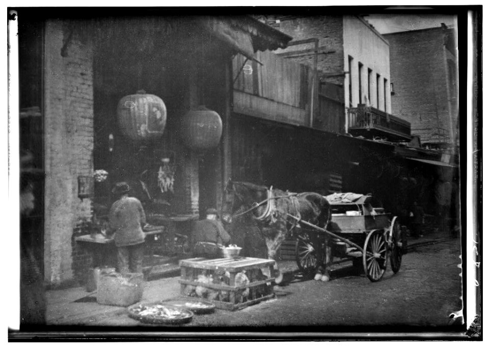 Vendors and a horse and cart on a street, Chinatown, San Francisco LOC agc.7a55050