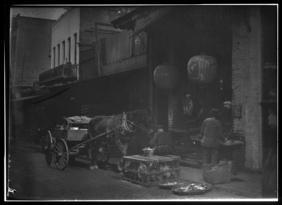 Vendors and a horse and cart on a street, Chinatown, San Francisco LOC agc.7a55051