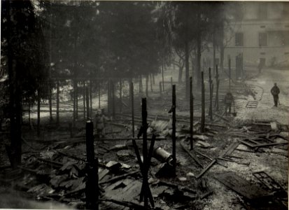 Verbrannte Automobilhalle im Hofe des 10. Armeekommandos. Brand am 16. Februar 1916 um 11,30 Uhr nachts ausgebrochen. (BildID 15469075)