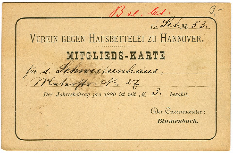 Verein gegen Hausbettelei zu Hannover Mitglieds-Karte 1880 Cassenmeister Blumenbach