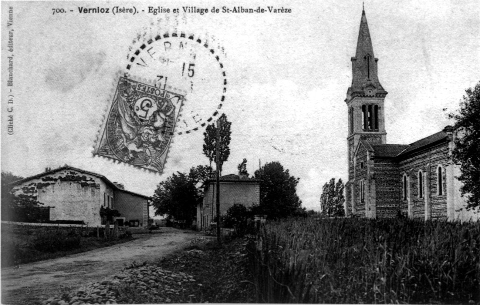 Vernioz, église et village à Saint-Alban-de-Varèze, 1907, p267 de L'Isère les 533 communes - cliché C D, Blanchard, éditeur Vienne