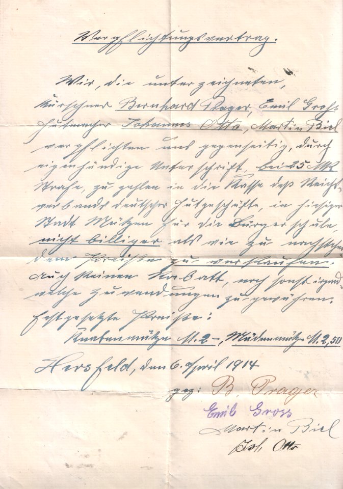 Verpflichtungsvertrag 1914 - Niedrigst-Preisabsprache für Mützen zwischen Kürschnern in Bad Hersfeld