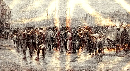 Vertrek van een detachement troepen naar NI, te Rotterdam, naar een schilderij van Isaac Israëls