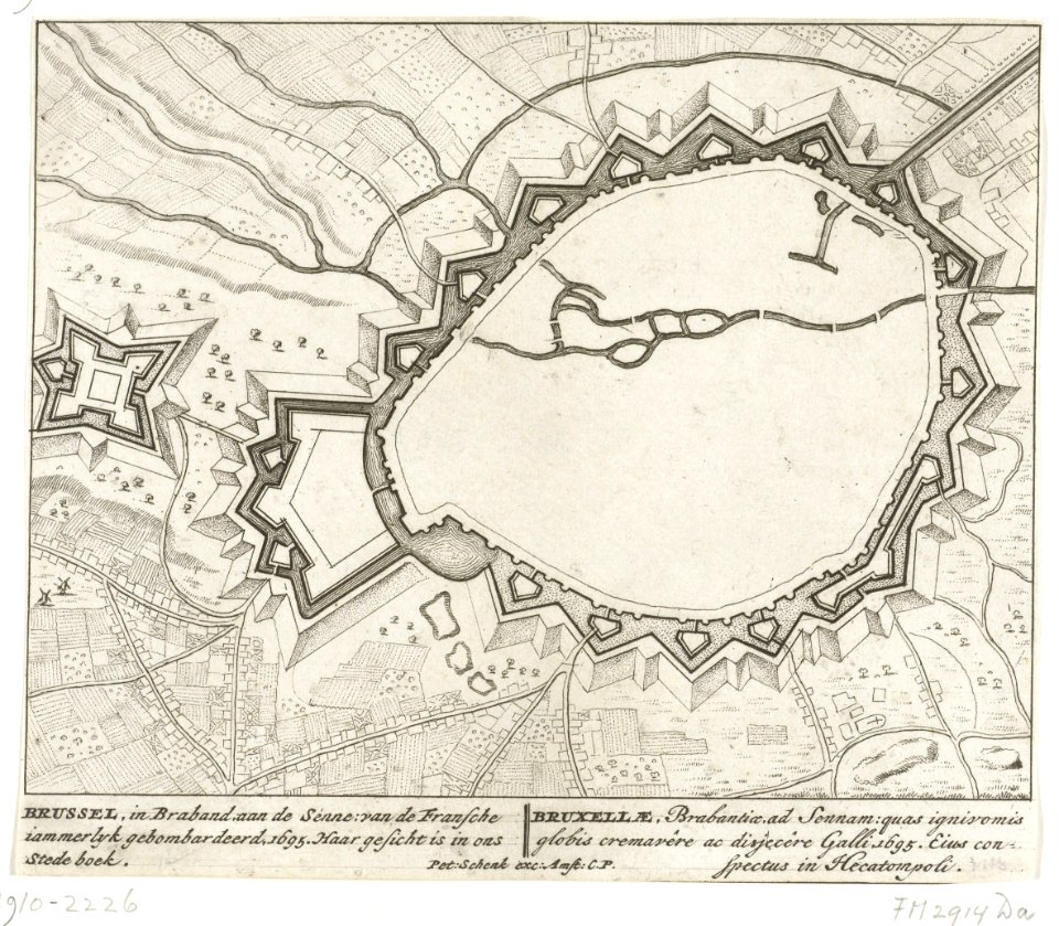 Vestingplattegrond van Brussel, gebombardeerd door het Franse leger in 1695 Brussel, in Braband, aan de Senne van de Fransche iammerlyk gebombardeerd, 1695 Bruxellae, Brabantiae, ad Sennam quas ignivomis globis cremaver, RP-P-1910-2226