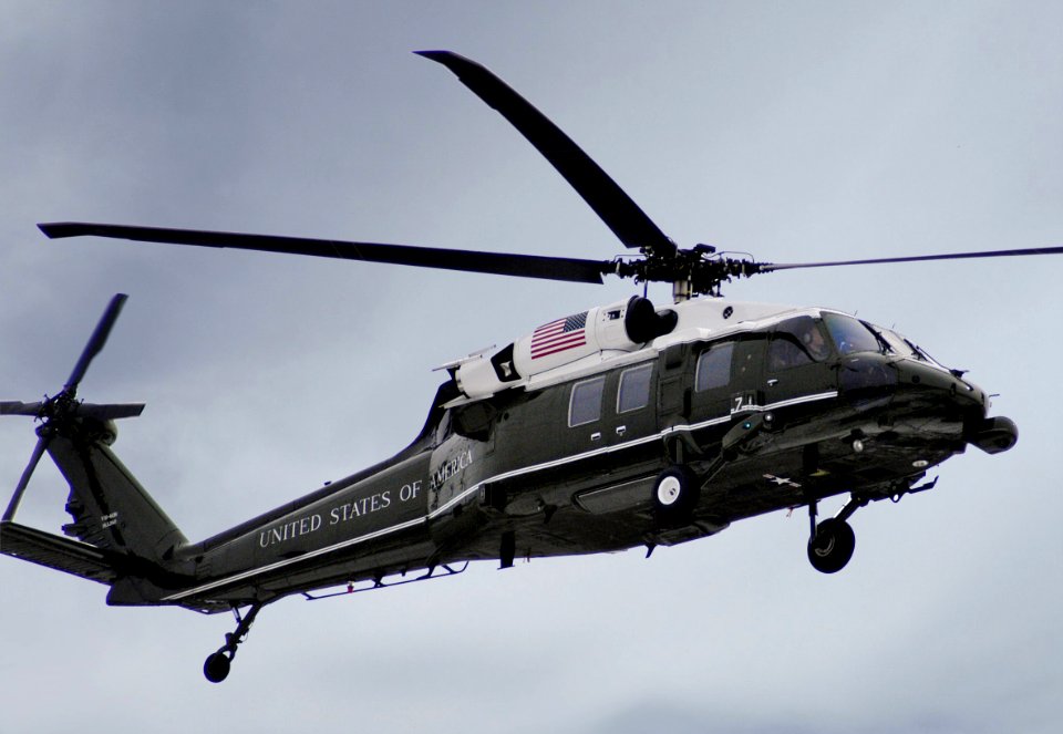 VH-60N Marine Helicopter flies over the Potomac