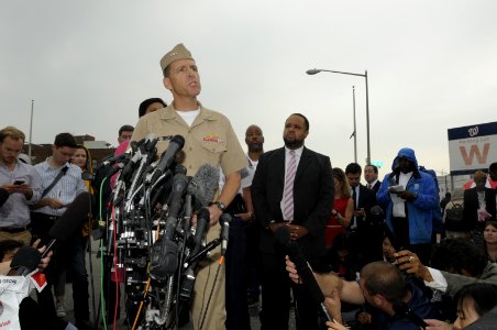 Vice Adm. Dixon R. Smith holds a press conference following the response to a report of an active shooter at the Washington Navy Yard. (19447601776)